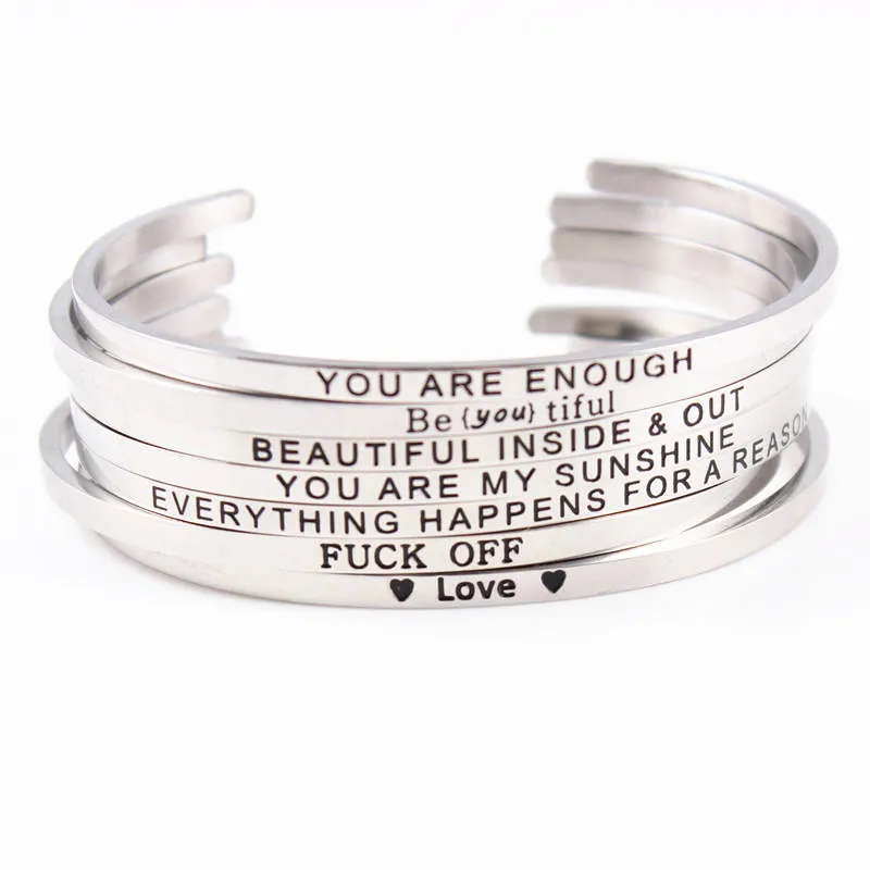 50Pcs/lot Mix Random Stainless Steel Engraved Positive Inspirational Quote Hand imprint Cuff Bracelet Rose Gold Mantra Bangle | Украшения и