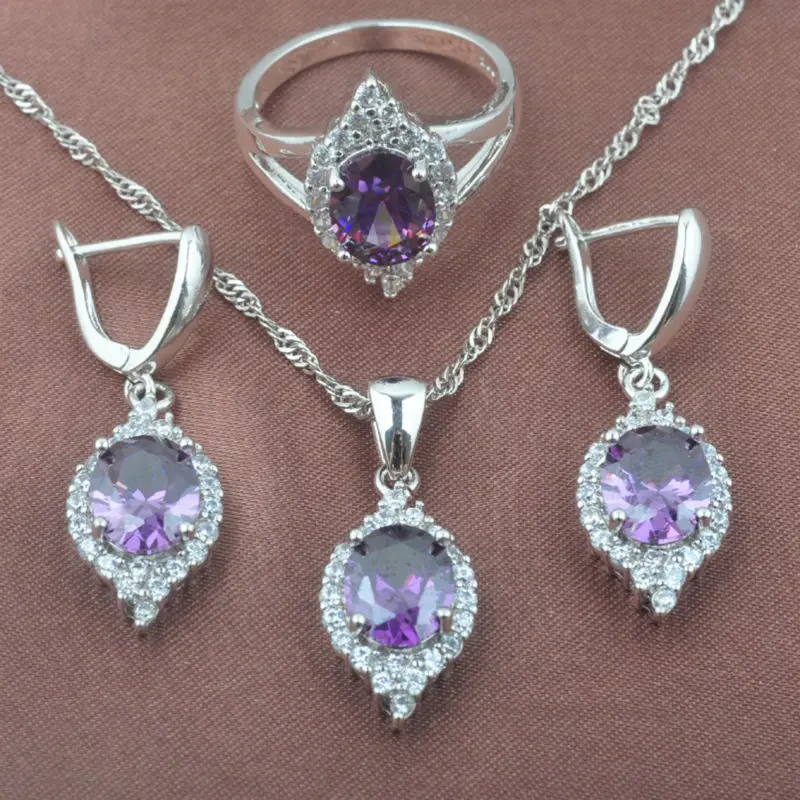 Элегантный Фиолетовый Цирконий CZ женский серебряный набор ювелирных изделий на