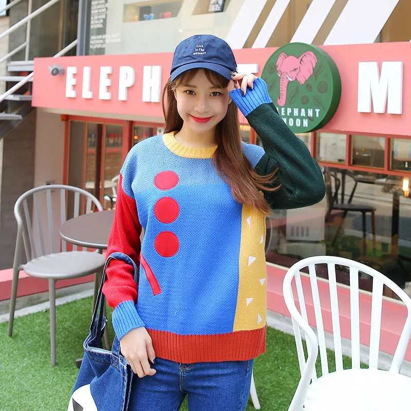 High Quality Women Thick Sweater Autumn Winter New 2017 O Neck Harajuku Colorful Stitching Oversized Knitted Tops Men Sweaters | Женская