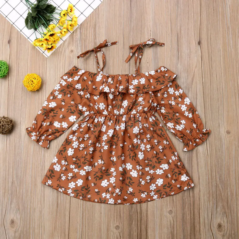 Кофе Платье принцессы с цветочным узором для девочек; Детские праздничные осенние платья с длинными рукавами - Цвет: Кофе
