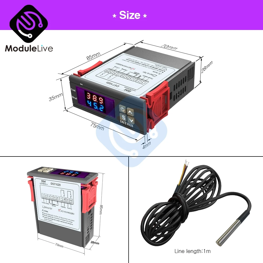 DST1020 AC 110-220V DC 12 V-72 V Цифровой терморегулятор DS18B20 датчик Водонепроницаемый заменить STC-1000