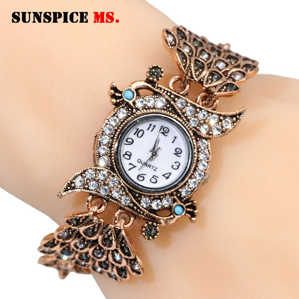 MTwt02blue SUNSPICE MS этнические индийские Шарм в форме павлина браслет наручные часы для женщин античное золото цвет женские вечерние ювелирные изделия на манжетах - Metal Color: MTwt02blue