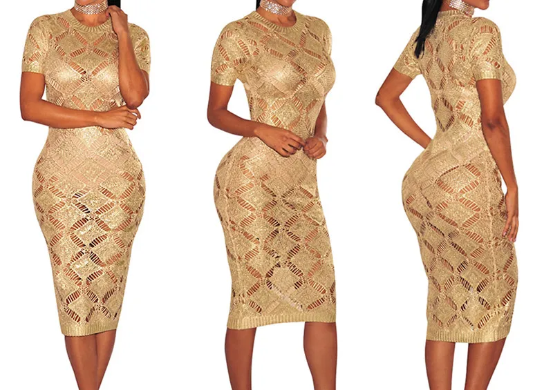 Hot Sexy Perspective Nightclub Dress Summer Knitting Hollow Out Women Gold Rose Gray O-Neck Short Sleeve Pencil Dres | Женская одежда
