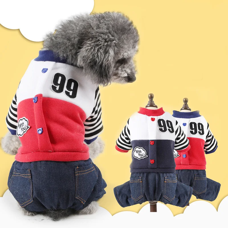 Джинсовый собак комбинезон осень зима теплый шить Письма Pattern пижамы для