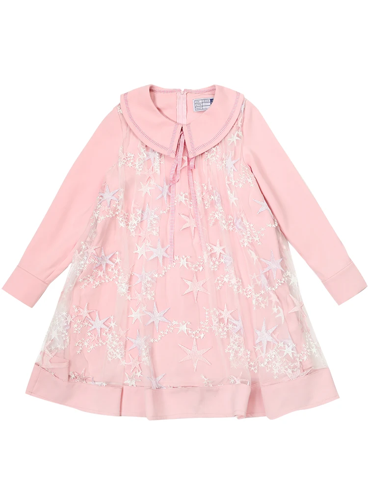 

Princess sweet lolita dress Autumn and winter sweet soft lovely bow tie star embroidered screen stitching dress women VC209