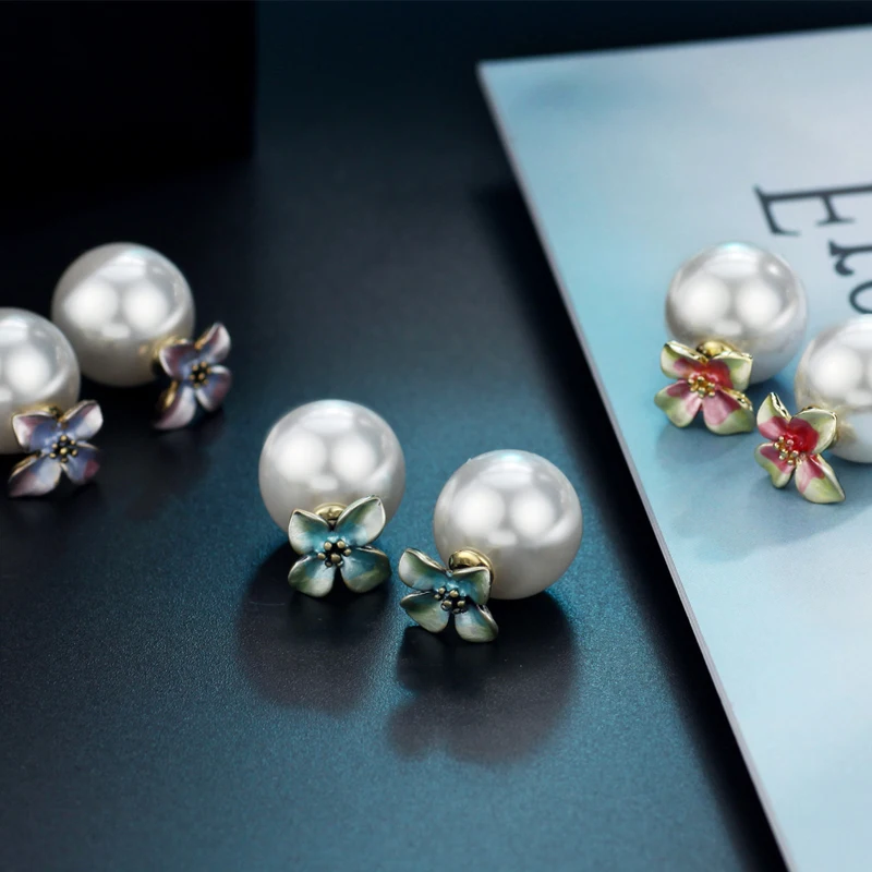 Серьги Neoglory с эмалью и цветком имитация жемчуга очаровательные розовые