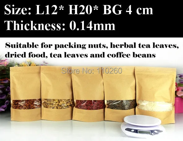 

12x20x4cm, 100pcs/lot Brown Kraft Paper Ziplock Bag, Food Ziplock Bag with Transaprent Window