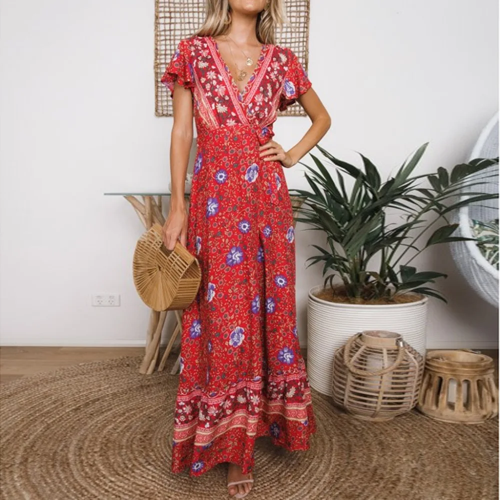 Ретро Хиппи Vestidos бохо платье халат Женское богемное с v-образным вырезом коротким