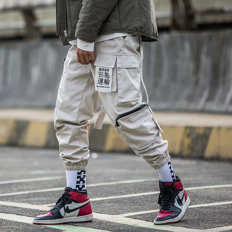 Black Loose Cargo Pants Men with Straps Beige Boyfriend Women Hip Hop Casual Streetwear Men's Summer Trousers | Мужская одежда