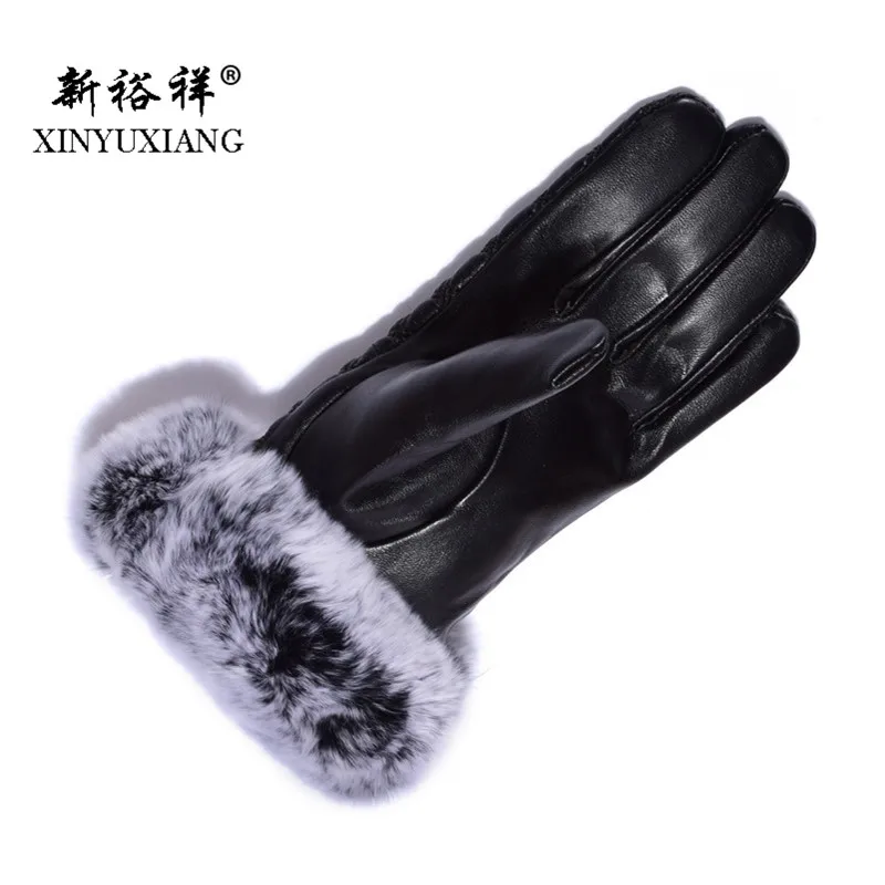 Genuine Leather Real Rex Rabbit Fur Gloves Women Touch Screen Fashion Bowknot Black Winter Female Sheepskin elegant gloves 2017 |