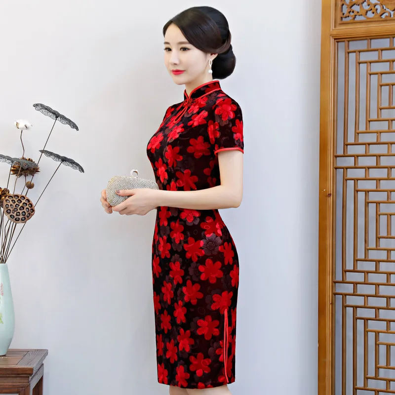 Новинка, сексуальное женское платье с цветочным принтом, Qipao, ручная работа, на пуговицах, бархатное платье, короткий рукав, китайский воротник-стойка, Cheongsam M-4XL