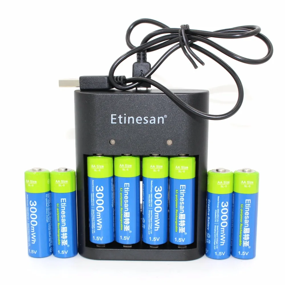 

8pcs 1.5v 3000mWh Etinesan AA Li-polymer li-ion polymer lithium rechargeable battery + USB AA AAA Charger !