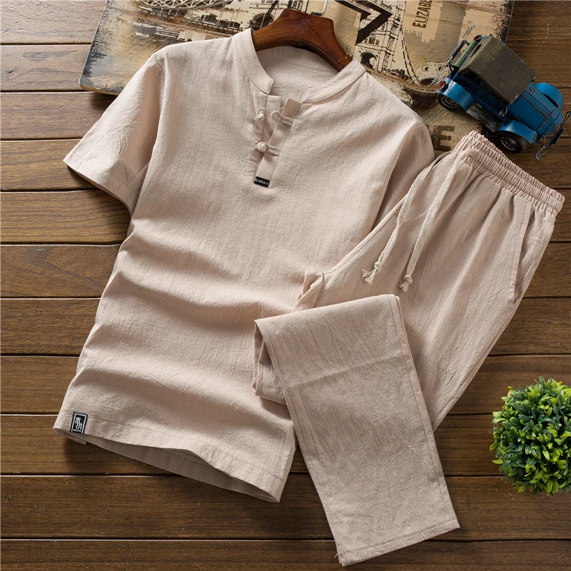 Высококачественный Летний Тонкий льняной комплект, мужская хлопковая облегающая футболка с коротким рукавом, однотонные Свободные повсед... от AliExpress WW