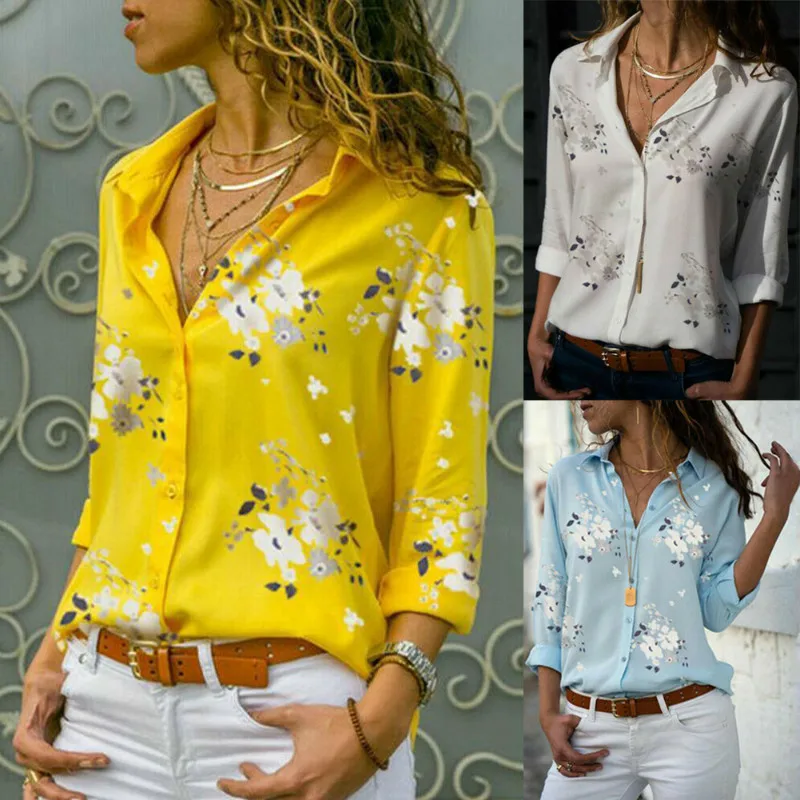 

Plus Size Women Long Sleeve V-neck Loose Ladies Plain Casual Button Shirts Floral Printed Three Quarter Sleeve Blouses 2019 New