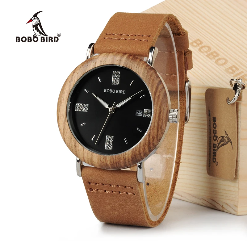 BOBO BIRD мужские часы с кристаллами деревянные стальные коричневым кожаным