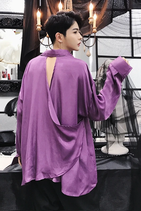 

2018 Autumn new style sexy hollow-out loose temperament shirt popular logo men's color purple long-sleeve shirt M-XXL