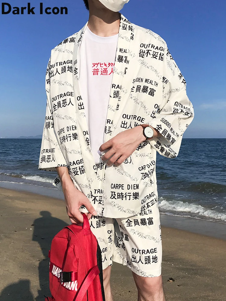 Темно-икона открытый стежок кимоно для мужчин полный печатных Harajuku мужские