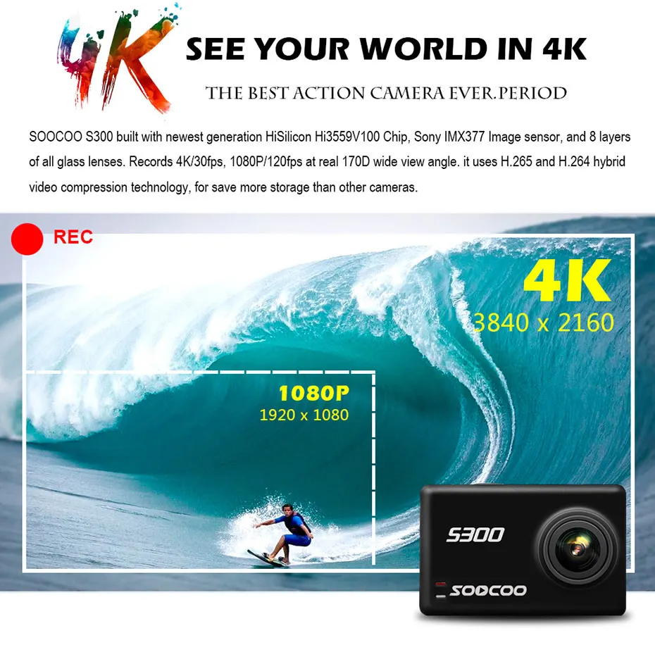 SOOCOO S300 Экшн-камера EIS стабилизация изображения Спортивная камера 4K 30FPS 2,3" сенсорный экран Hi3559V100 IMX377 Wifi Внешний микрофон gps