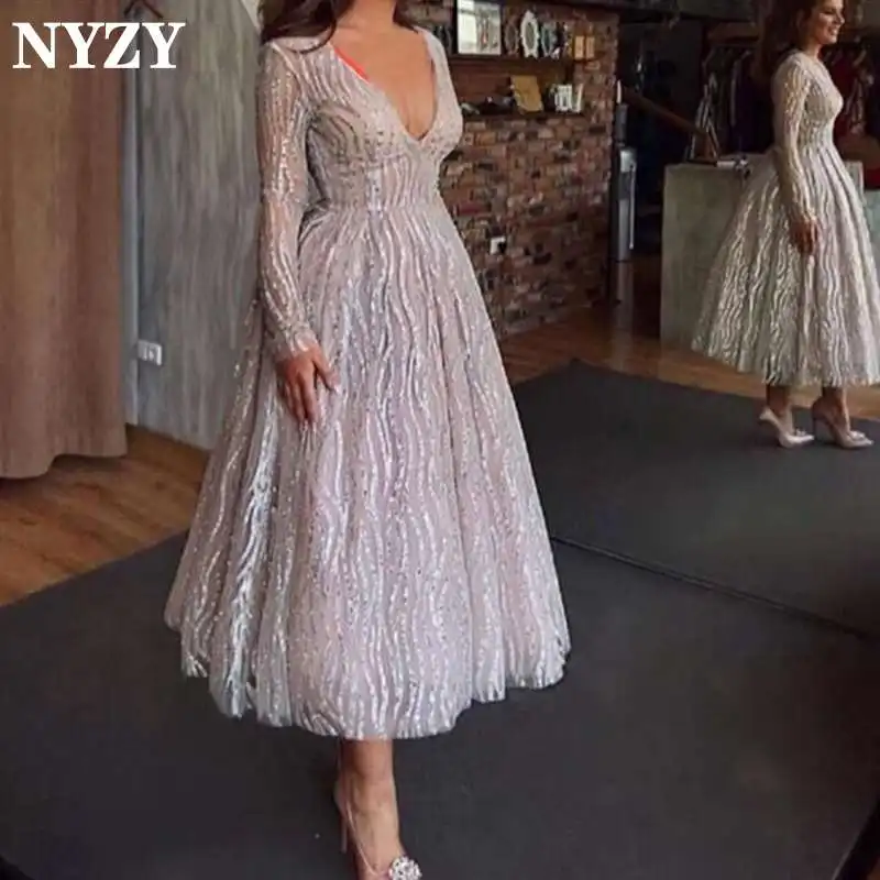 Серебристый NYZY E79 Новое поступление, Короткие вечерние платья с v-образным вырезом и длинными рукавами,, кружевное вечернее платье с блестками, abiye robe de soiree, торжественное платье - Цвет: Серебристый