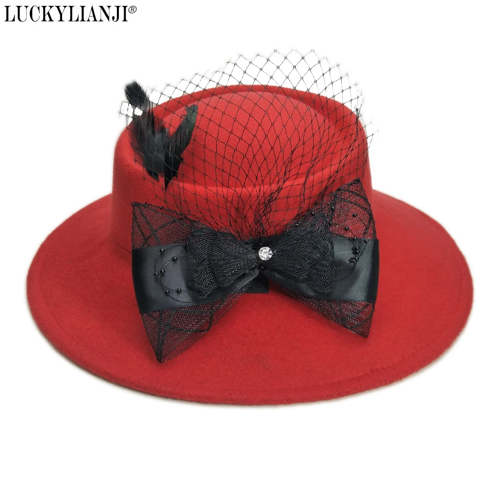

LUCKYLIANJI Women Female British Bow Net Feather Wool Felt Fashion Wide Brim Fedora Porkpie Pork Pie Bowler Hat (57CM Adjust)