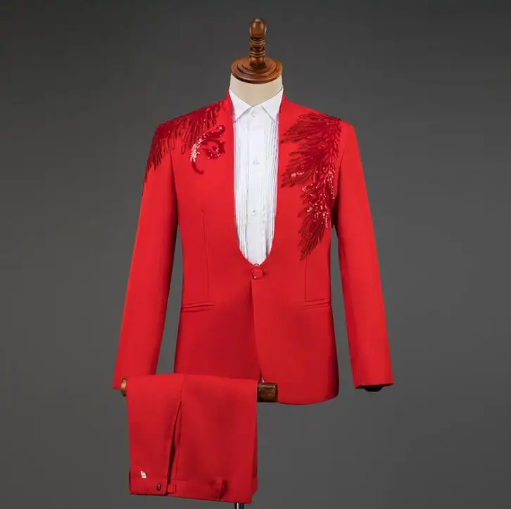 

wedding suits for men blazer Stand collar sequin costume slim masculino latest coat pant designs chorus groom clothes red blue