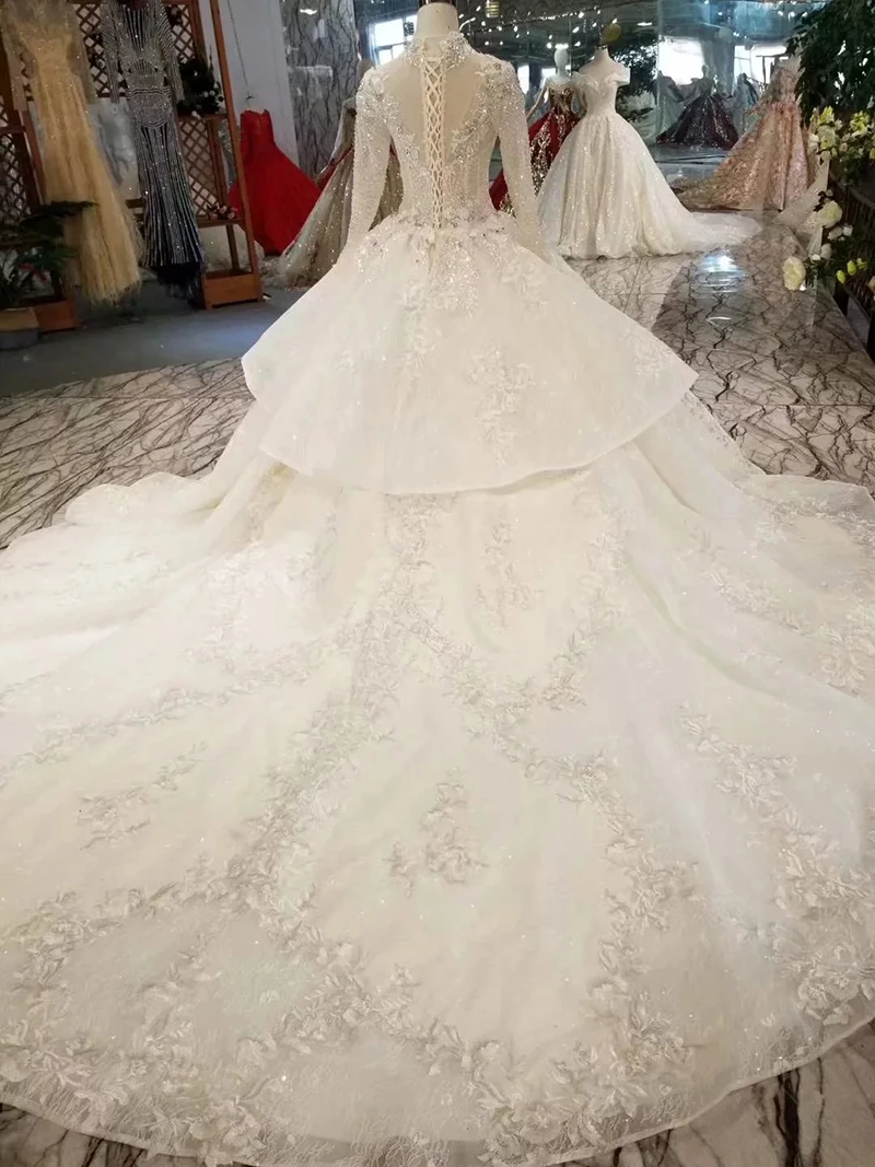 LS11201 Luxury Muslim Wedding Dress High Neck Lace Up Crystal Bridal Dress Wedding Gown Floor Length Pleat Skirt With Train 2021