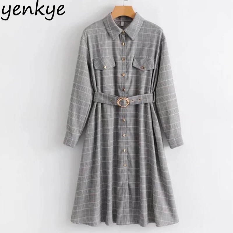 Весеннее платье 2018 Для женщин Винтаж Houndstooth Shirt Платье Леди с длинным рукавом