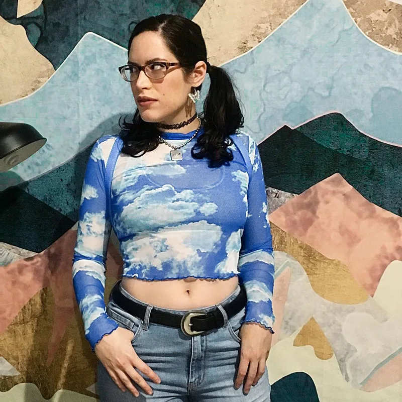 Женские уличные футболки с синим небом и белыми облаками топ новинка 2019 летняя