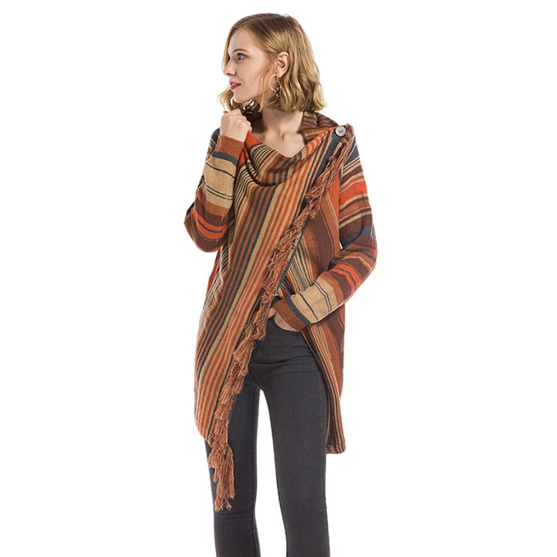 Уличная Повседневная полосатая куртка с бахромой и воротником-шарфом Свободная