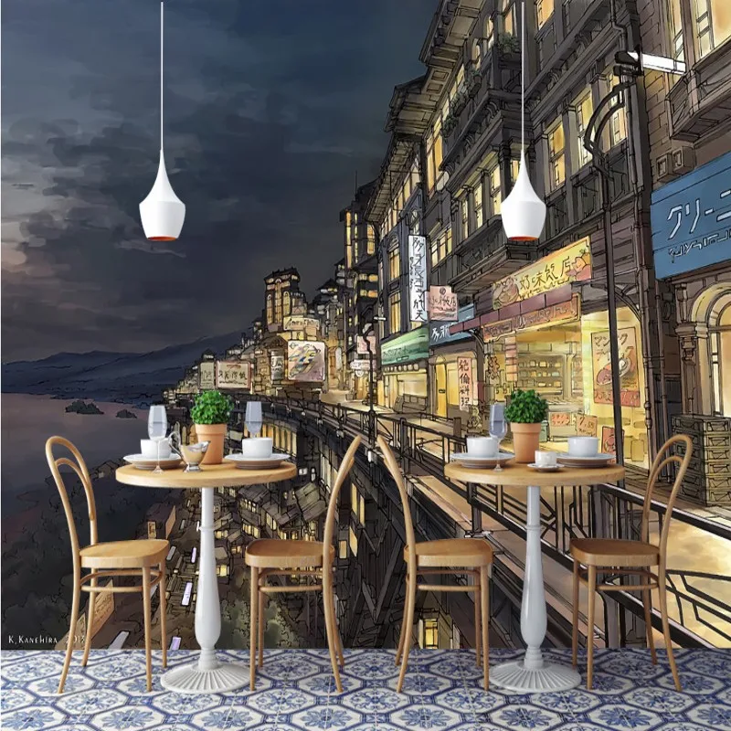 Фотообои ручной работы мультфильм японский Осака улица японская кухня фон обои