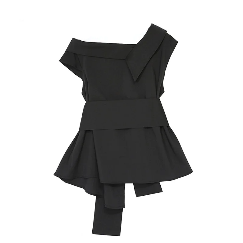 Women Blouse Skew Collar Sleeveless Belted Casual Shirt Asymmetric | Женская одежда