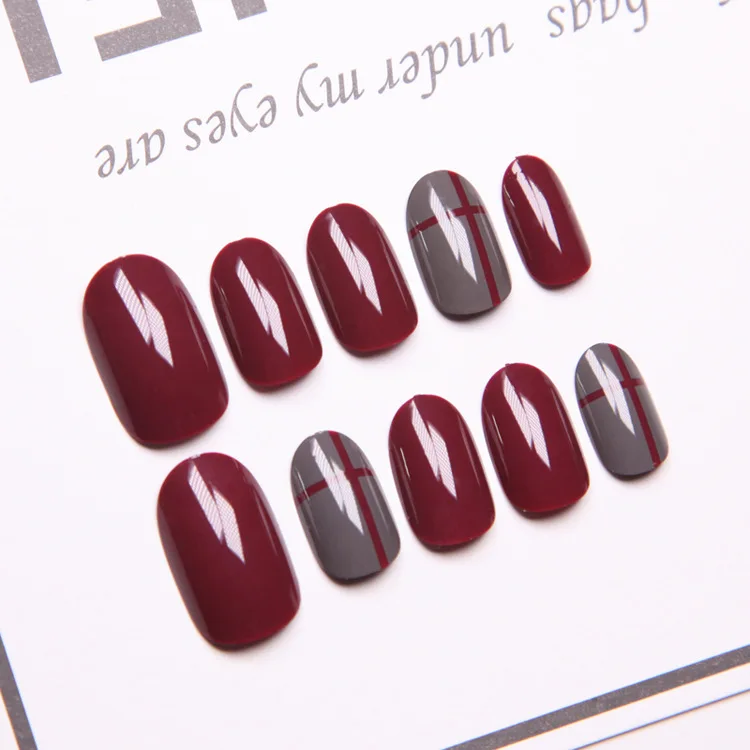 24pvs/лот поддельные ногти Короткие корейские милые серые винно красный круглый