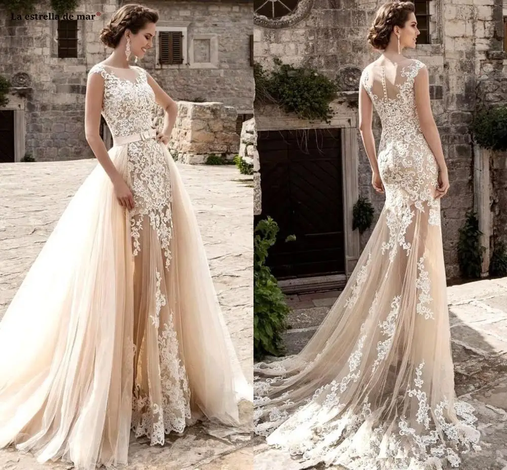 vestidos de novia corte sirena2020 new lace champagne beach style wedding dress detachable skirt gelinlik amanda novias bridal | Свадьбы и