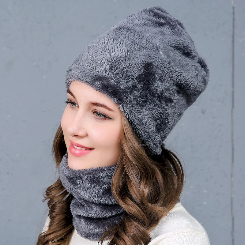 MAXMESSY Winter Fleece Hat Scarf For Women Thick Knitted Warm Sets Beanies Ring Outdoor Wear 2Pcs/Set MH141 |