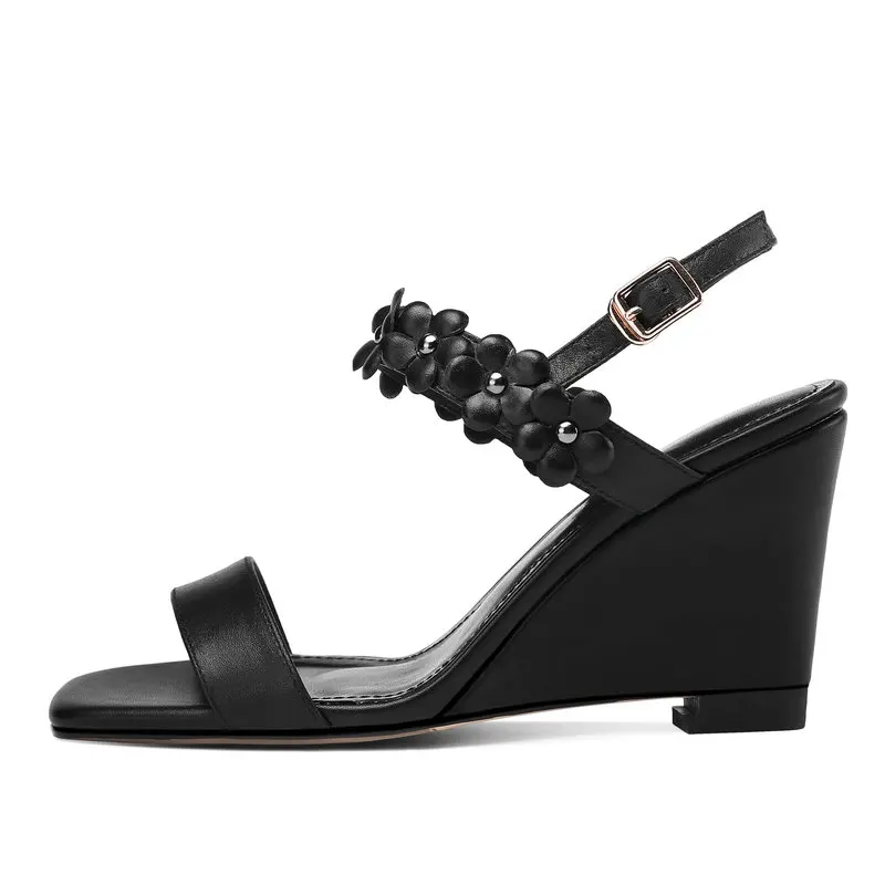 Women Summer High Heels Genuined Leather Flower Wedges Sandals Ankle Strap Buckle Party Dress Ladies Shoes White | Обувь