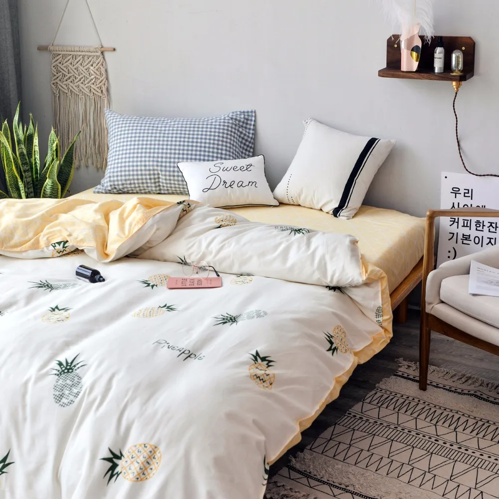 Pale Yellow Pineapple Pattern Cotton Duvet Cover Queen King Size Comforter With Zipper 1 Piece Single Double Quilt | Дом и сад