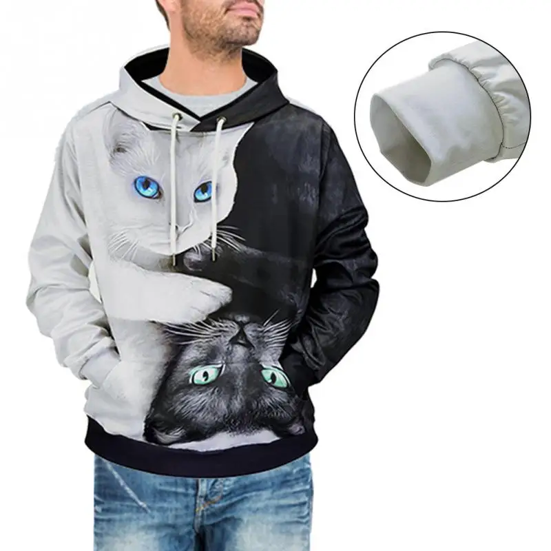 Мужчины Drawstring кошки 3D печать длинный рукав свободный пуловер худи свитер|Мужские