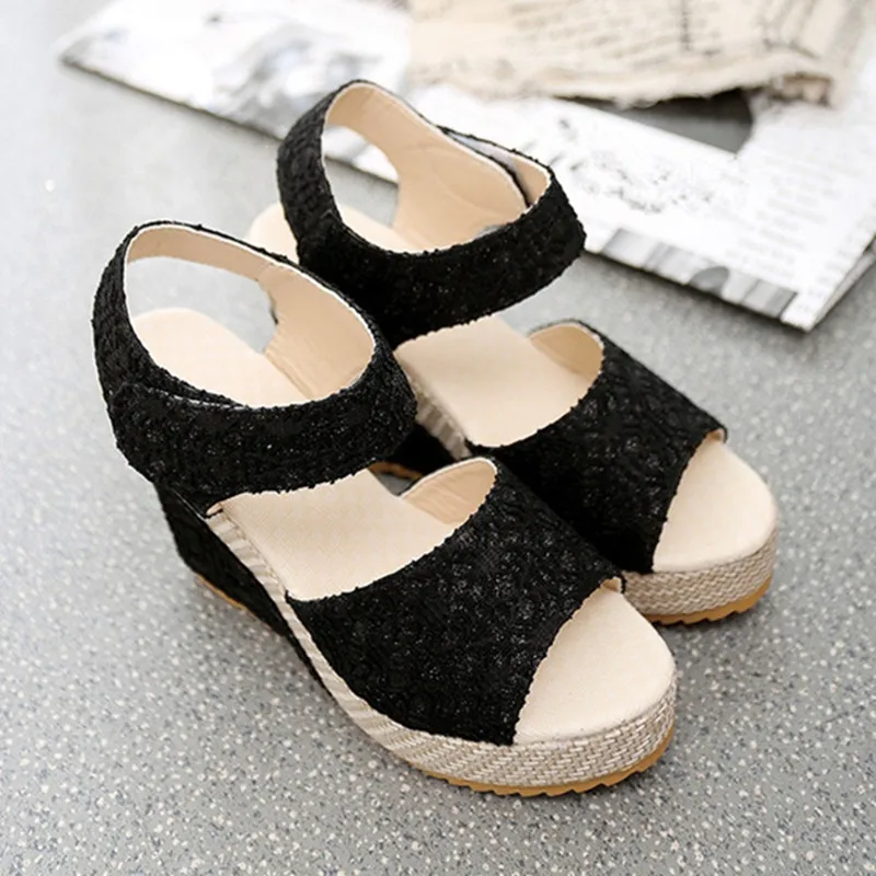 

2019 New Women Sandals Summer Fashion Lace Hollow Gladiator Wedges Shoes Woman Slides Peep Toe Hook & Loop Solid Lady Casual