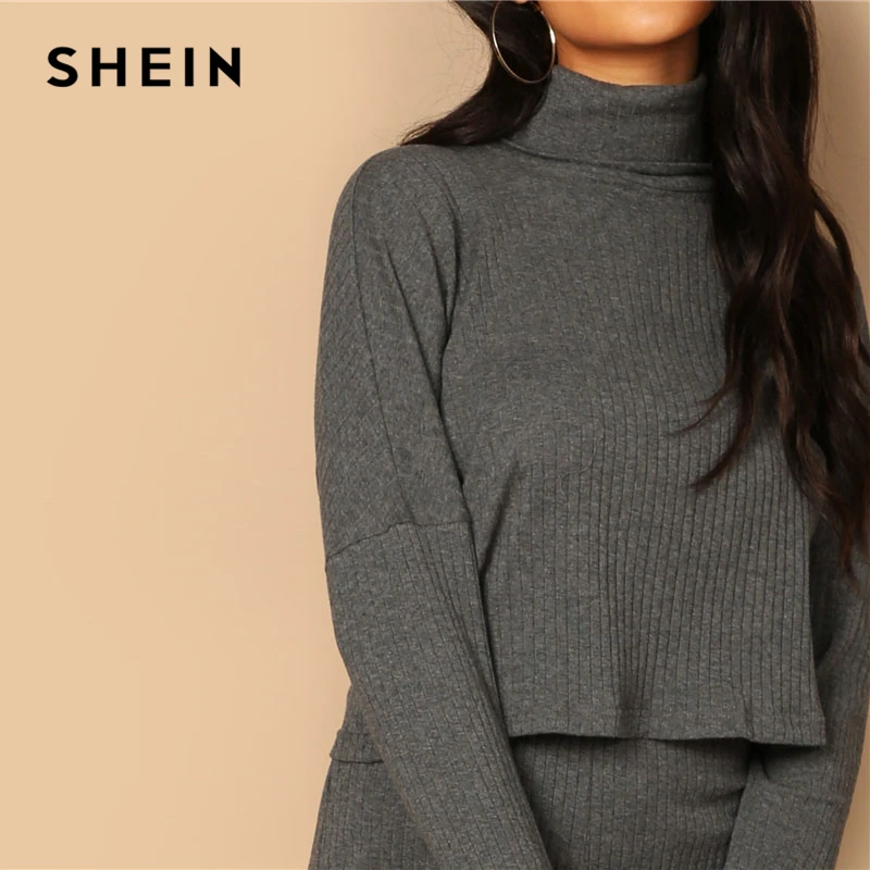 SHEIN Однотонный Трикотажный Костюм Топ с Длинными Рукавами И Брюки Стильный Комплект С Высоким Воротником