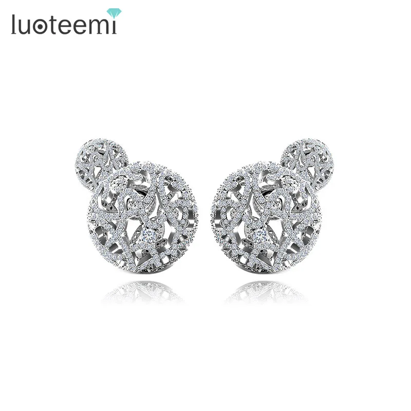 

LUOTEEMI White Gold-Color Luxury Full Shiny Cubic Zircon Vintage Hollow Double Sides Crystal Ball Stud Earrings For Women