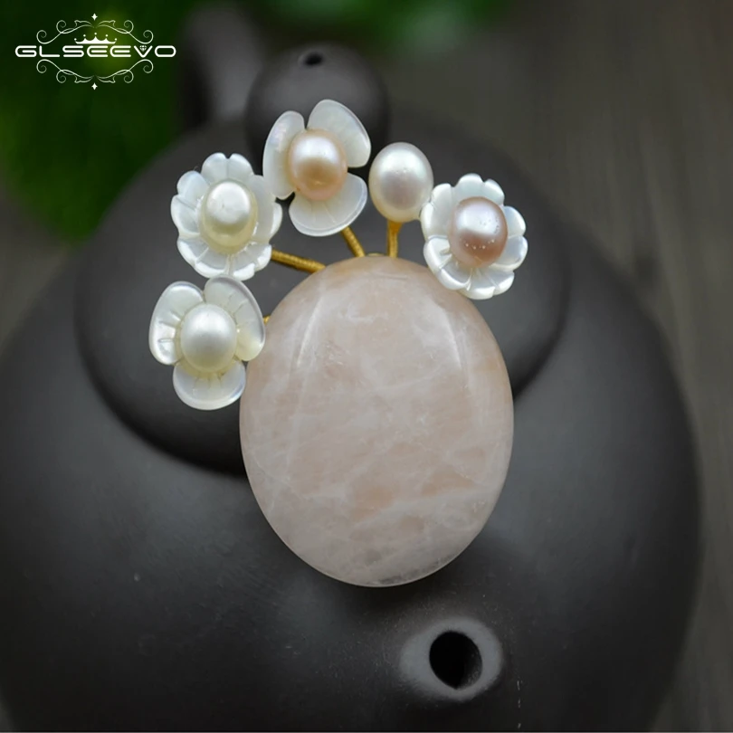 XlentAg Natural Fresh Water Baroque Pearl Shell Flower Brooch Female Bijoux Pink Crystal Brooches Women Dual Use Jewelry GO0101 | Украшения