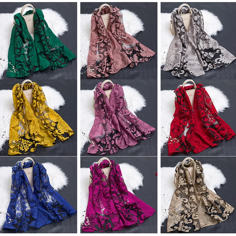 Женский летний шарф из органзы женский шелковый с рисунком в виде листьев мягкая