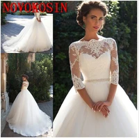 new arrival half sleeve bateau sheer neck wedding dresses ball gown lace applique pearl bridal gowns custom vestido de novia