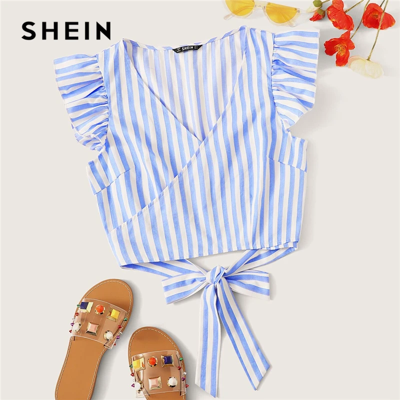 SHEIN топ в полоску с рюшами и проймой, с бантом сзади, синий, с поясом, облегающий, v-образный вырез, летняя, без рукавов, милые женские топы и блузки
