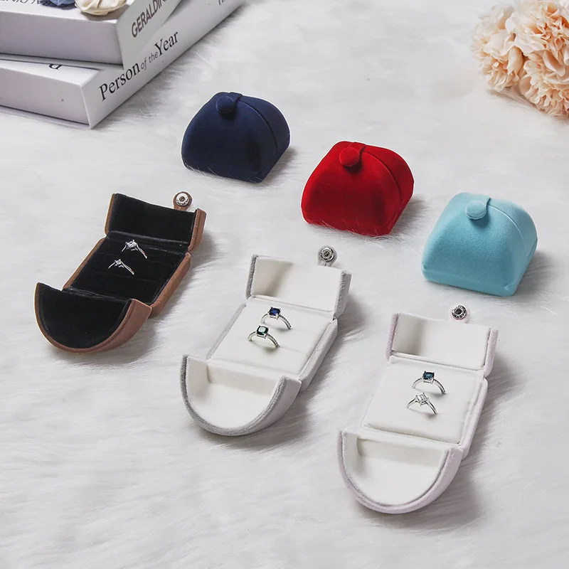 

Double Ring Earring Velvet Jewelry Display Box With Button Valentine's Day Wedding Box Case Holder For Boutique 2pcs