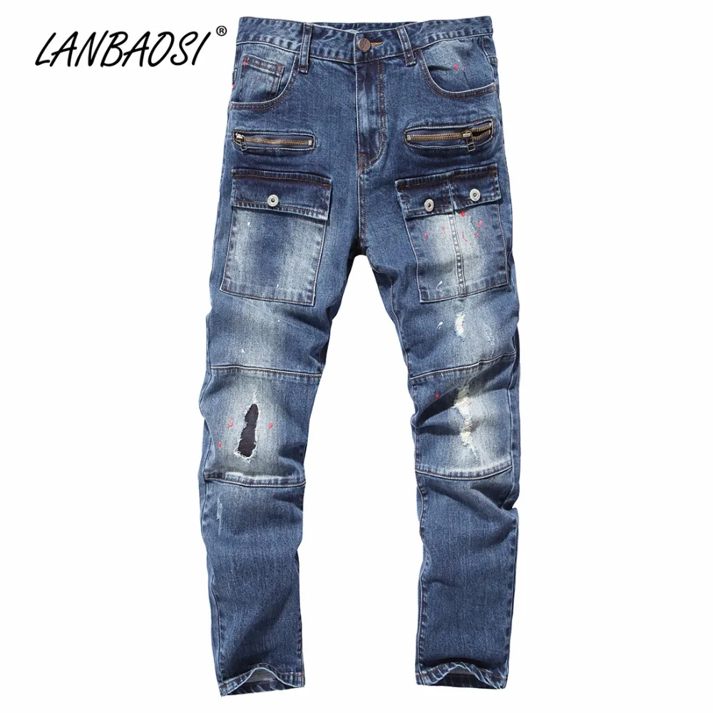 Джинсы LANBAOSI мужские повседневные с дырками прямые ковбойские модные|men jeans