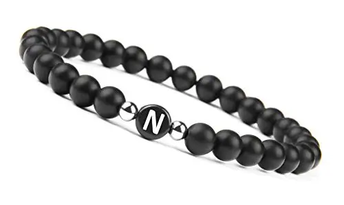 Letter N bracelet Браслет из бисера с натуральными камнями для мужчин и женщин, A-Z браслет с 26 буквами, 6 мм, матовый черный оникс, браслеты ручной работы, модное ювелирное изделие - Окраска металла: Letter N bracelet