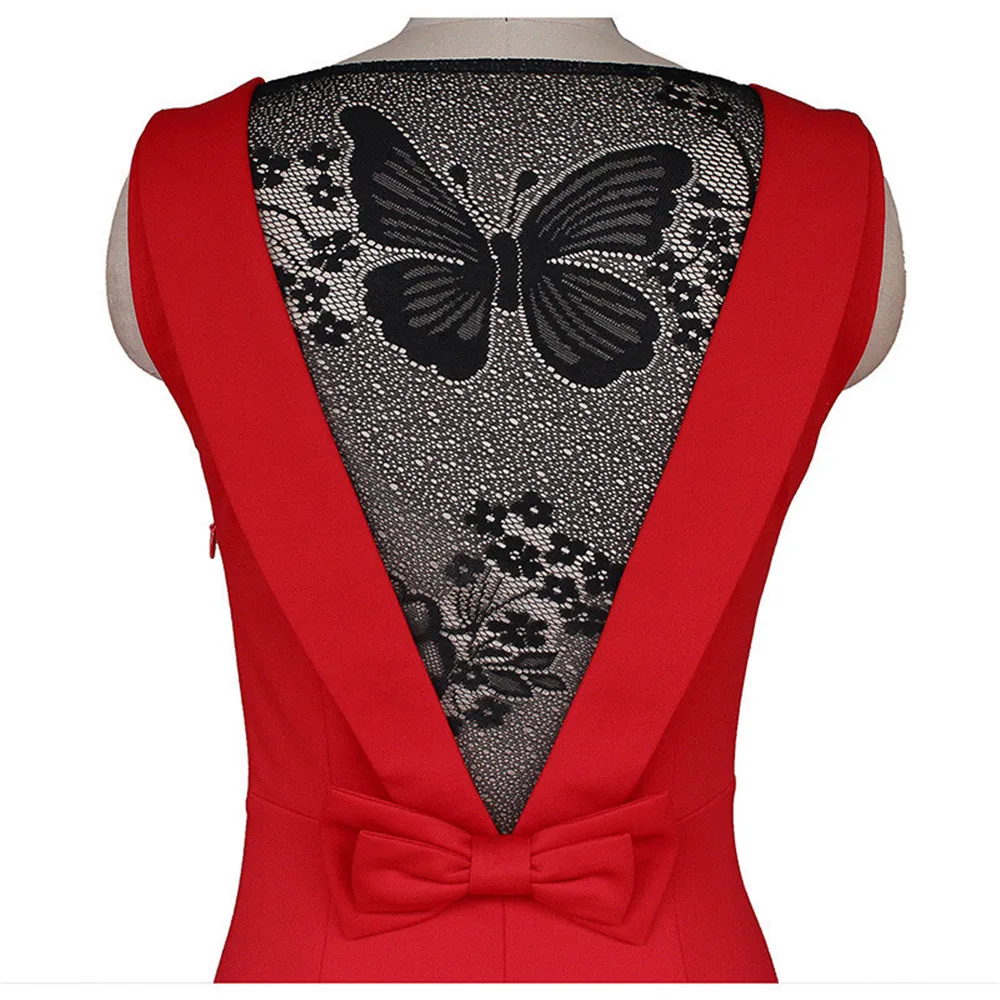 

Women Spring Pencil Dress O-Neck Sexy Sleeveless Lace Bow Hollow Out Patchwork Party Club Wear Bodycon Woman Dresses Plus Size
