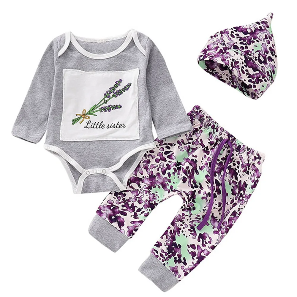 

Puseky 3Pcs/Set Lavender Print Long Sleeve Romper Pants Hat Outfits Toddler Kids Girls Boys Cotton Outfit Set Suit 0-12M