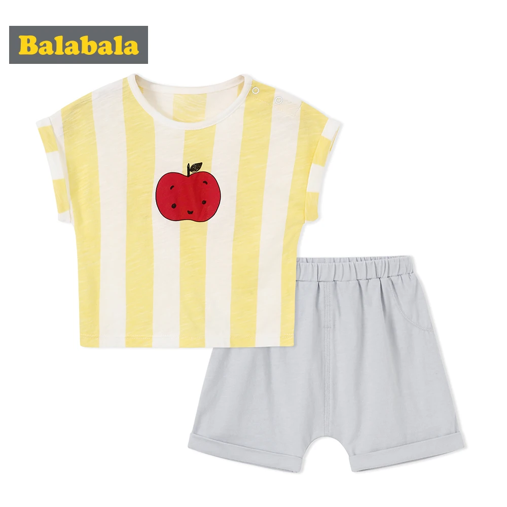 Balabala Babys 2-Piece Short Sleeve Open Shoulder T-shirt in Print + Pull-on Shorts Set Infant Newborn Baby Girls Boys Outfit |